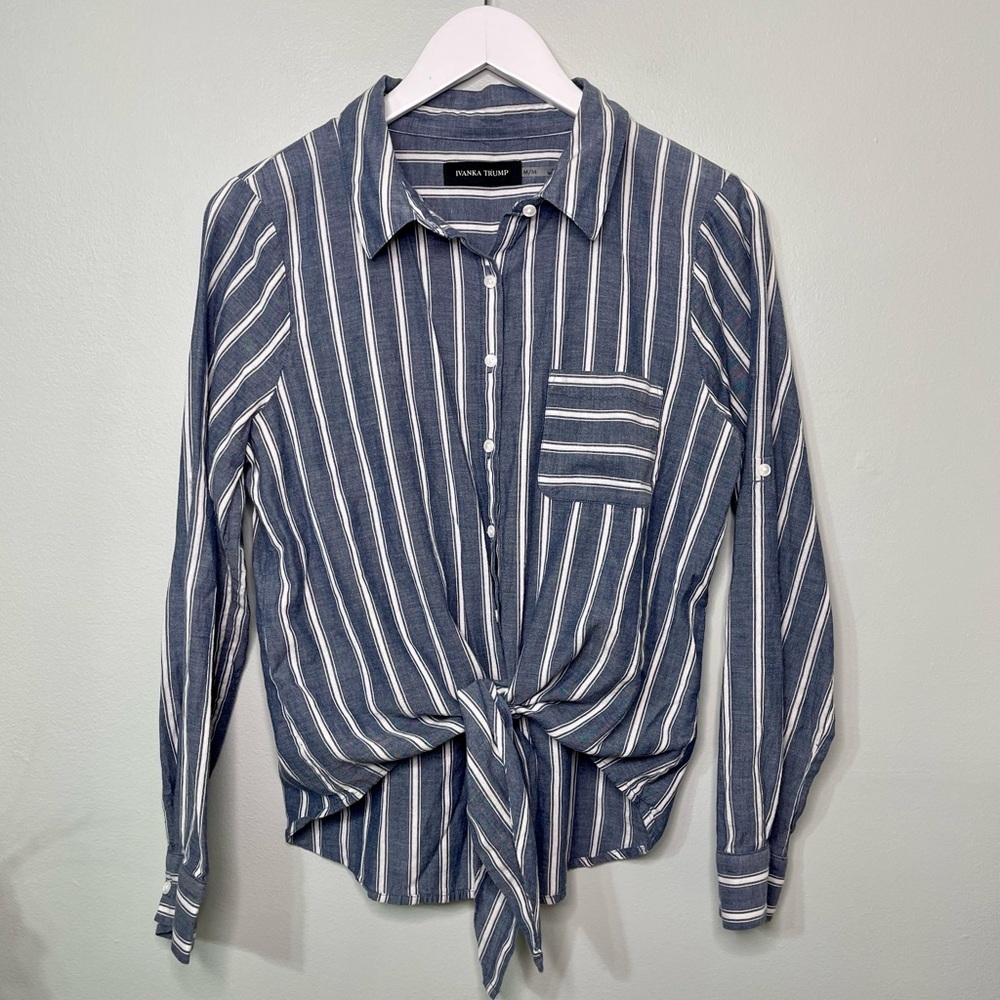 Ivanka Trump Blue Chambray Striped Button Down Tie Front Shirt Long Sleeve - Picture 9 of 11